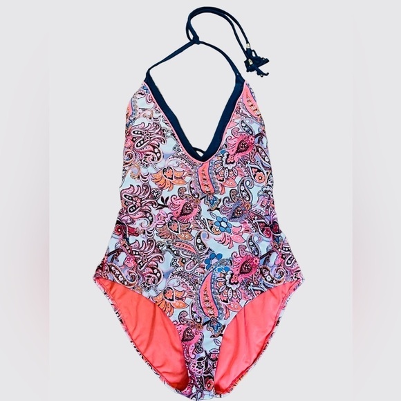 Wonderfly One Piece Halter Lace-Up Back Strappy Swimsuit Paisley Print - Picture 2 of 10